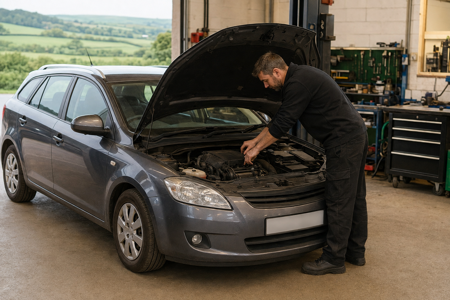 A mechanic working on a family car in a local workshop